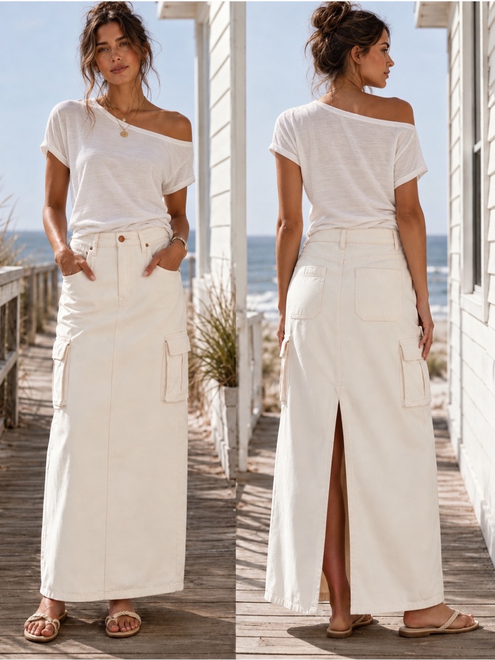 MOTHER Snacks Skirt Natural Denim Cargo Maxi  Back Slit Utility  THE FUN DIP NWT